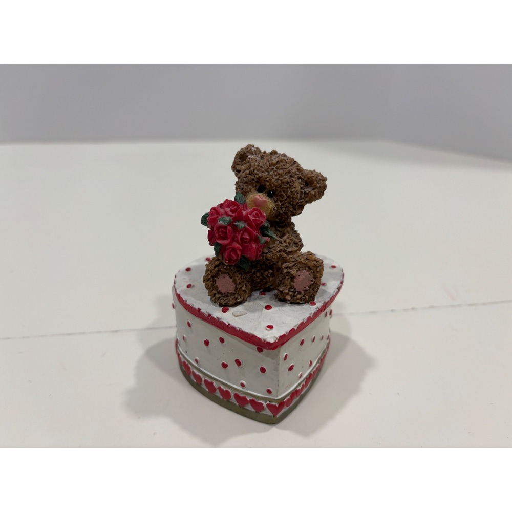 Valentine 2005 Heart Trinket Box Teddy Bear with Red Roses Polka Dot Resin Decor